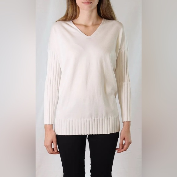 Mk metric Knits Sweaters - Cream V-Neck Sweater with Ribbed Sleeves